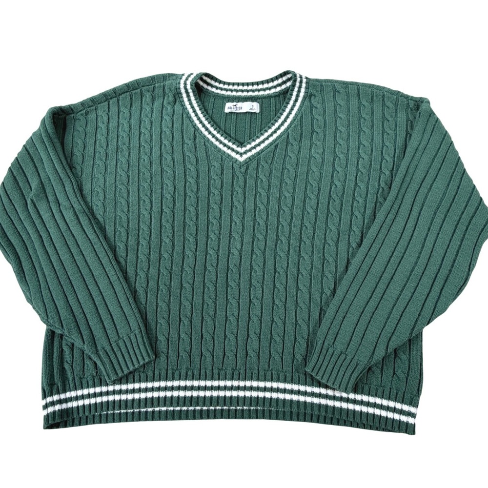Cable Knit Sweater Hollister Women SM Dark Green V-Neck Oversized Dark Academia